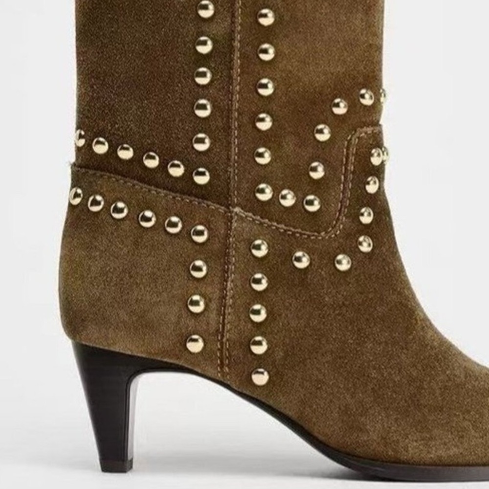 🤎 Hello Kitten!  Studded PU Suede Pointed Toe Kitten Heels Boots - Brown - Picture 4 of 8